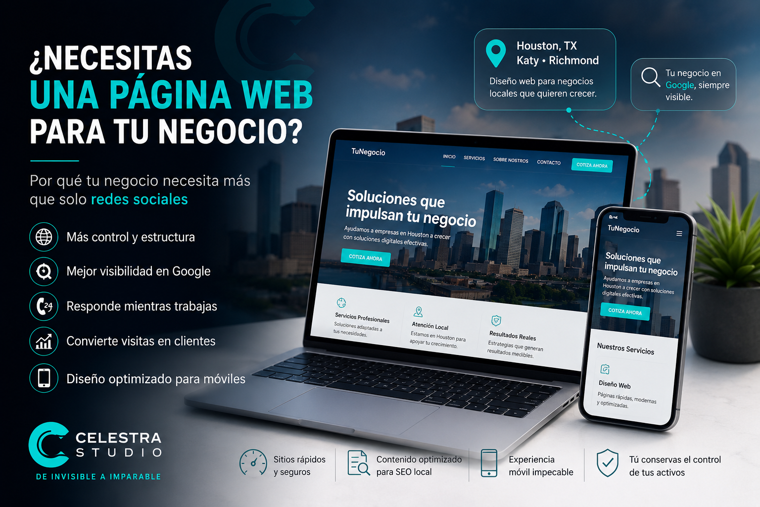 Sitio web profesional mostrado en computadora y teléfono; alt: diseño de páginas web en Houston