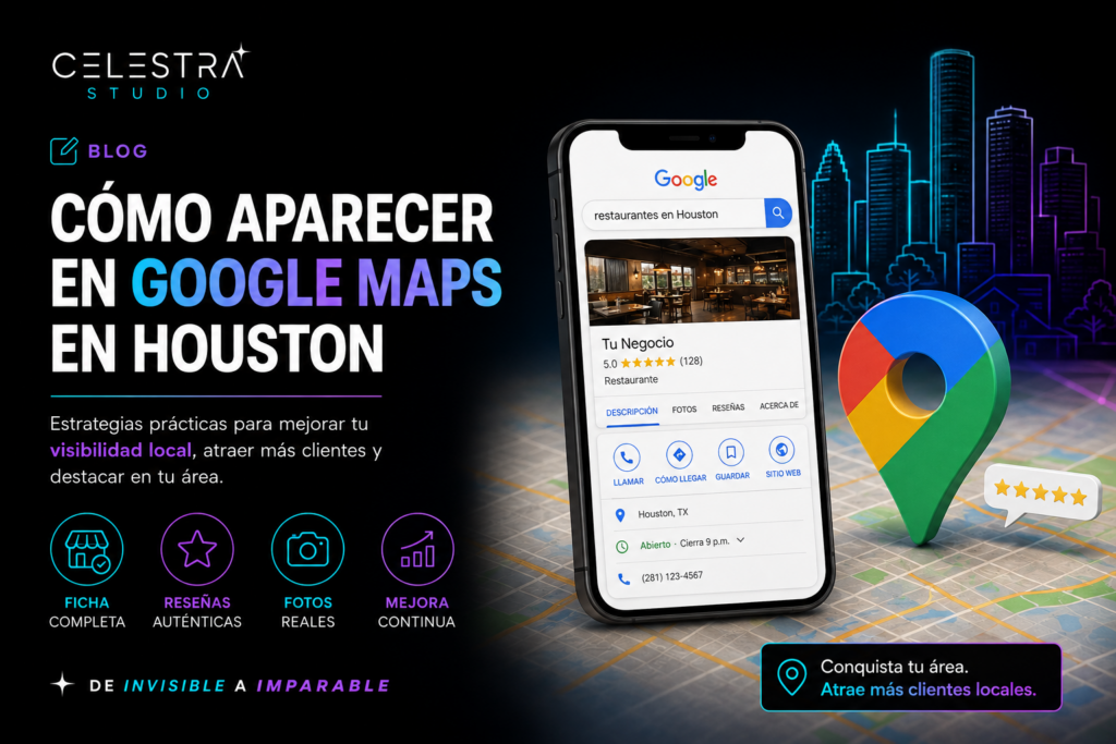 Mapa de Houston con ficha de negocio destacada; alt: cómo aparecer en Google Maps en Houston