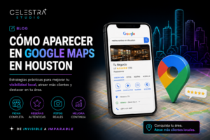 Mapa de Houston con ficha de negocio destacada; alt: cómo aparecer en Google Maps en Houston